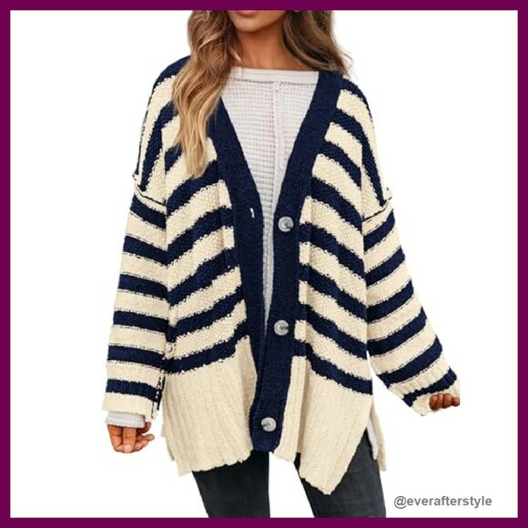 Chunky Knit Oversized Cardigan Sweater V-Neck Open Front Button Down - Picture 2 of 8